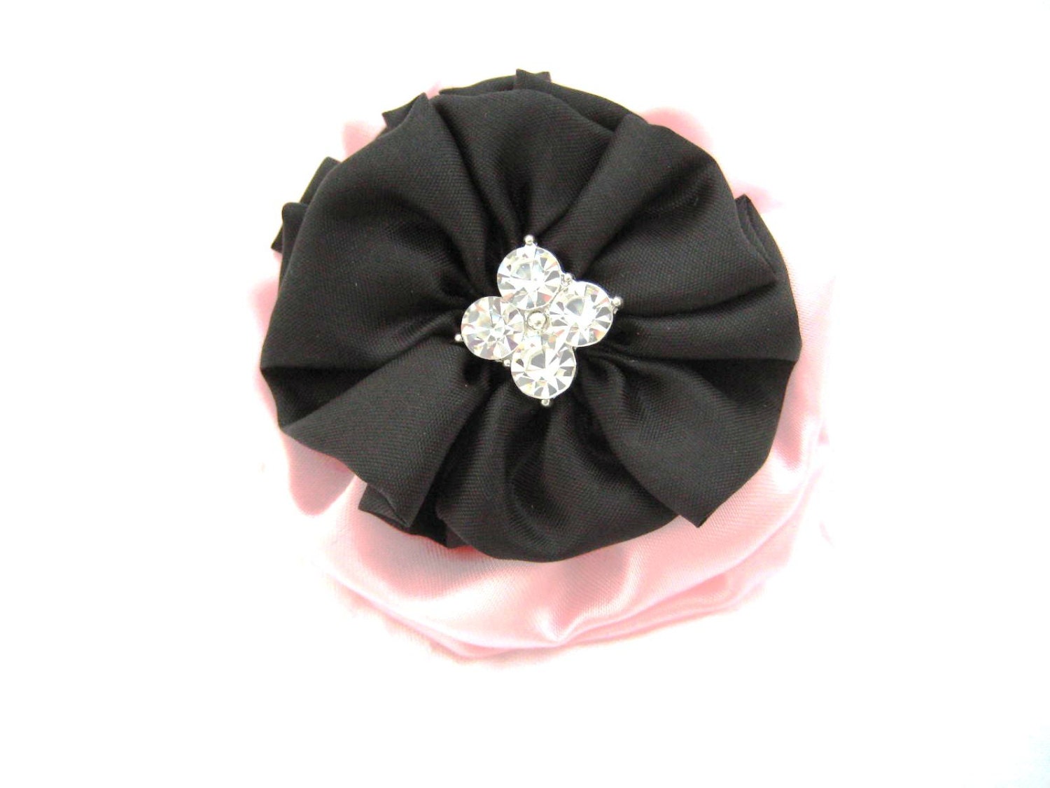 Pink and Black Hair Bow made from Satin with Crystal Accents - Wedding Accessory