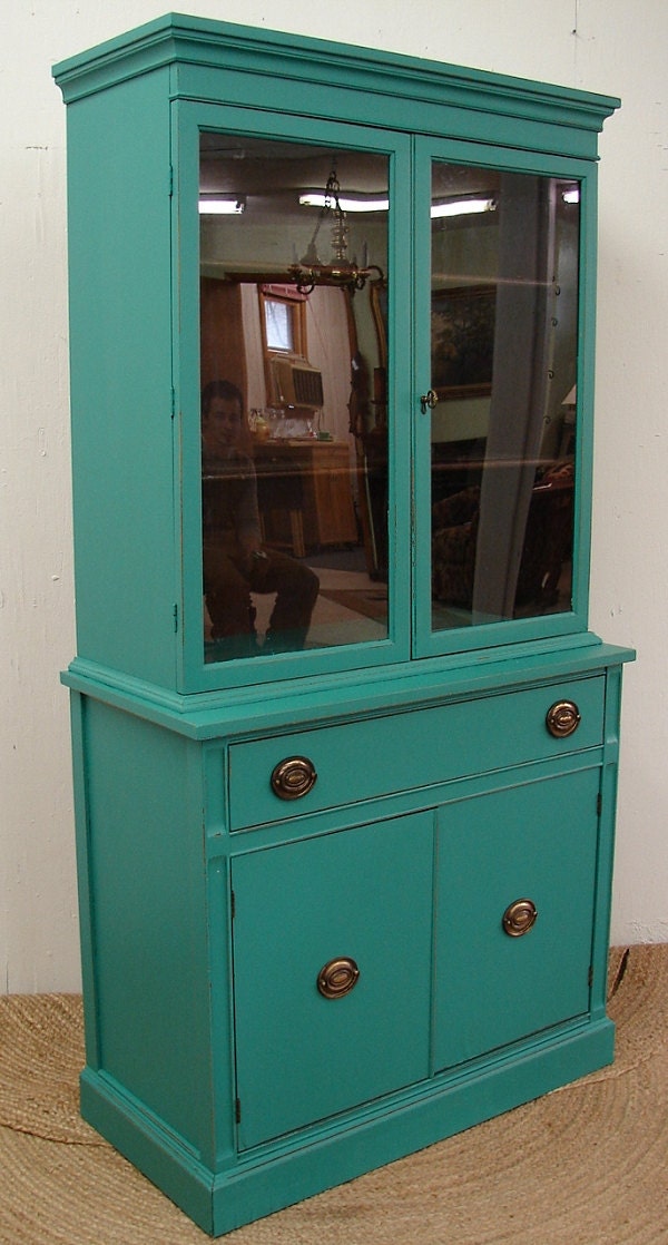 Reclaimed Vintage Turquoise Painted Bernhardt Dining China Cabinet Cupboard (HAI) Call for SHIP QUOTE