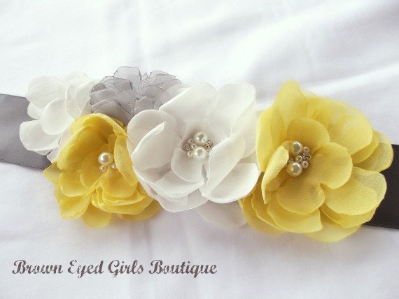 Gray, Yellow & White Wedding Sash, Gray and Yellow Bridal Sash, Gray Wedding Belt, Gray and Yellow