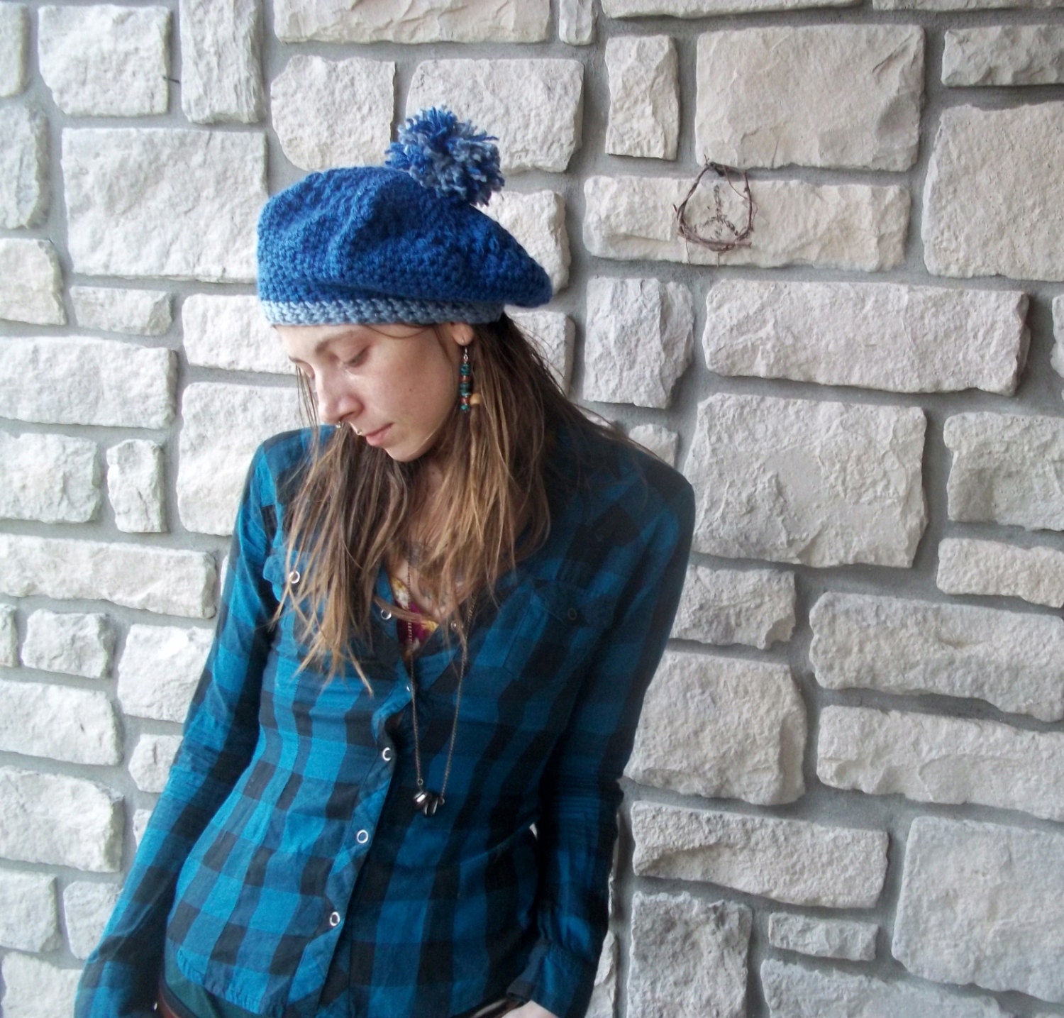 Blue Wool Beret with Pom Pom / crochet womens pompom winter slouchy beret hat