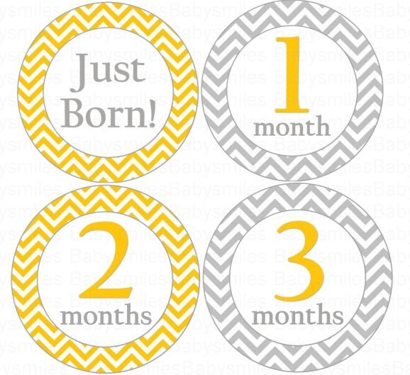 Monthly Onesie Stickers - NEW- Casey - Yellow and Grey Chevron Patterns - 13 Stickers (Just Born Included) - Perfect Photo Prop