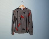 Vintage 70s Gray Red Black Abstract Print Long-Sleeved Blouse // lightweight cool // womens medium