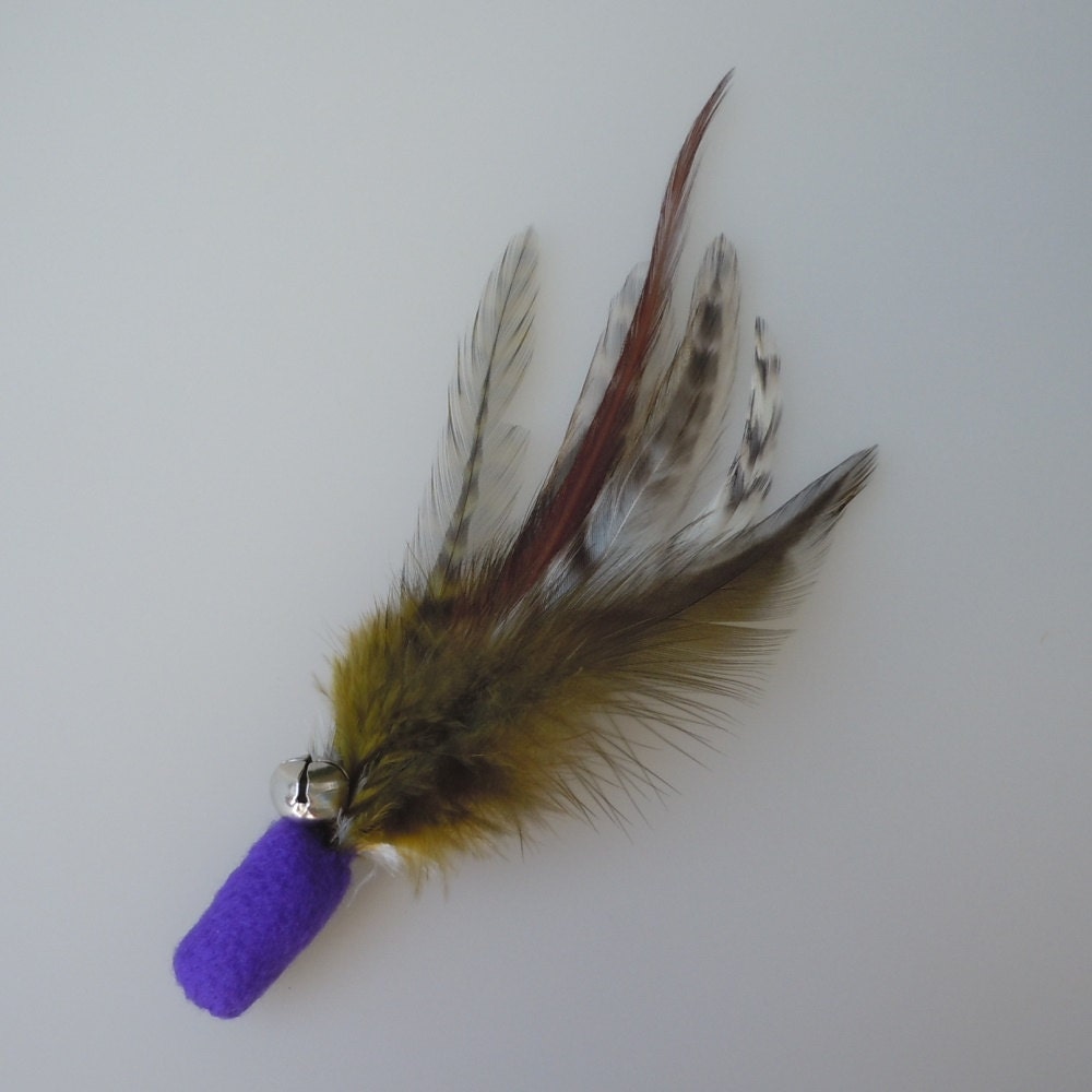 Cat Toy Purple and Olive Green Feather Flier with Catnip and Bell