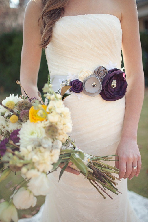 Laura... Bridal Sash in Aubergine, Grey and Ivory Rosette Sash with beautiful pearl, crystals and rhinestone details...