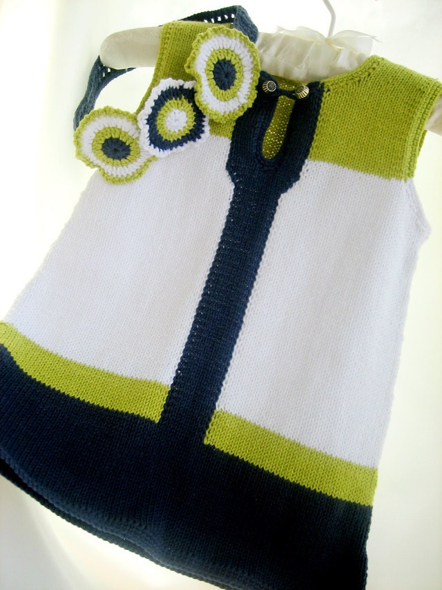 Hand knitted children dress of cotton yarn in white, dark blue and green, girl fashion,gift - a headband,READY TO SHIP