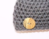 Button Beanie, Crochet Hat Wood Button, Crochet Button Hat,  Charcoal Gray in 0-3 Month Size, ready to ship