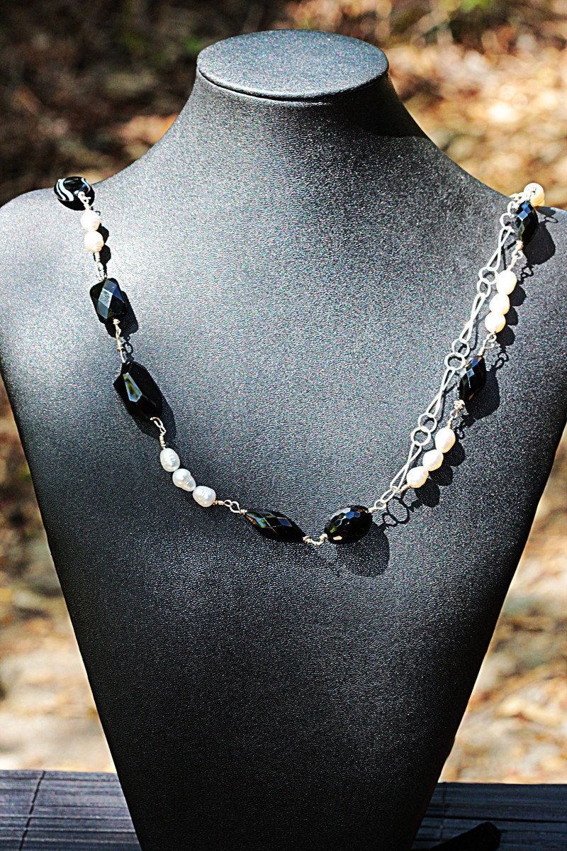 Onyx, Druzy, and Pearl Necklace