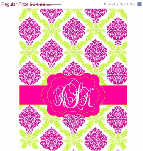 SPRING SALE iPad 2, 3, or 4 Hard Snap on case cover Personalized Custom Damask Hot Pink Lime/Apple White