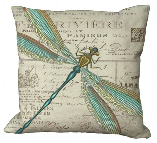 Aqua and Gold Dragonfly 20x20 or 18x18 or 16x16 or 14x14 Inch Pillow Cover - Soeuralasoeur