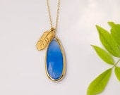 CLEARANCE - Deep Blue Chalcedony Bezel Charm Necklace - Bird Feather Charm Necklace - Gemstone Bridesmaid Jewelry -