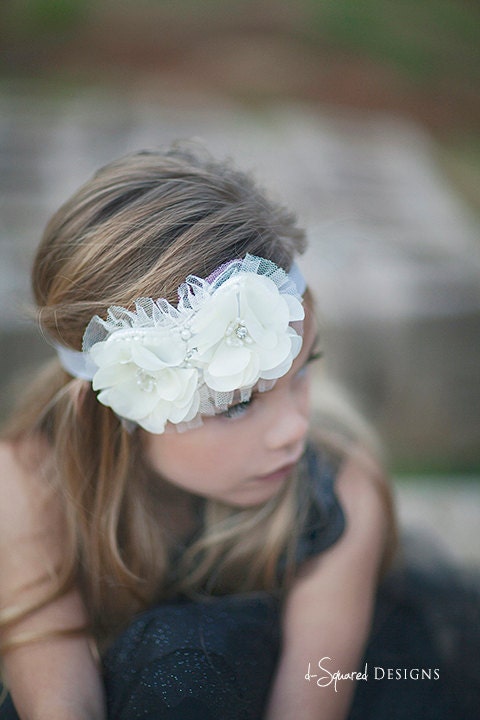 Baby Headband- Wedding Headband- Double Natural White Chiffon Flowers with Bead and Tulle Accent on Soft Light Grey Elastic Headband