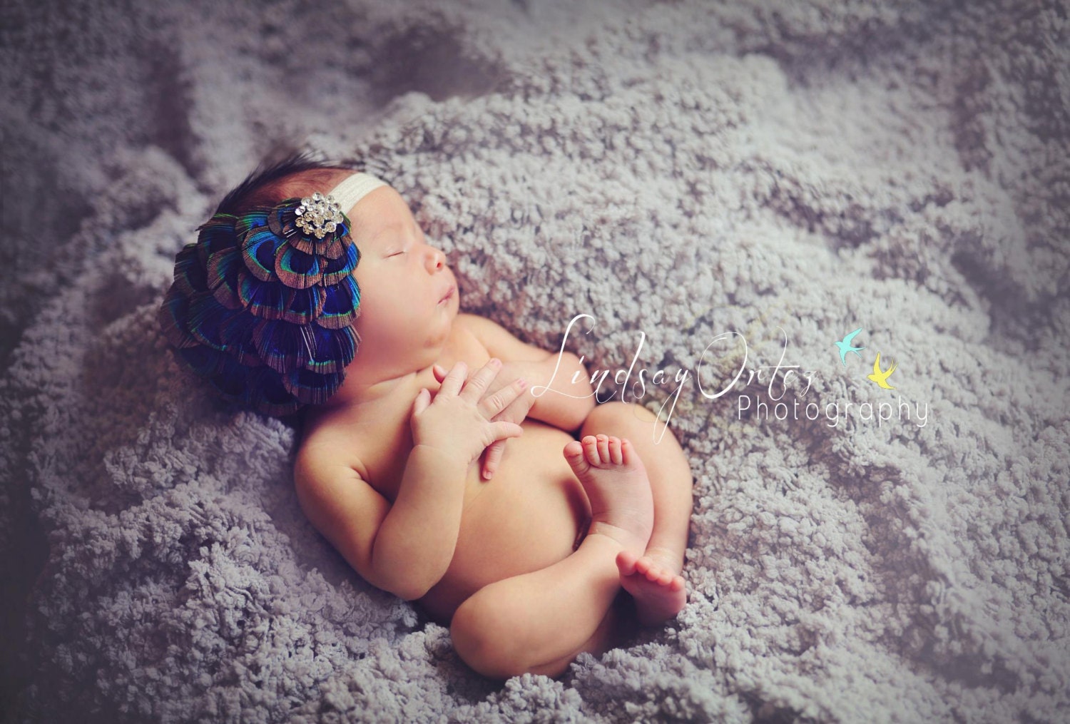 Baby Headband-Peacock Feathers on Soft Champagne Elastic Headband