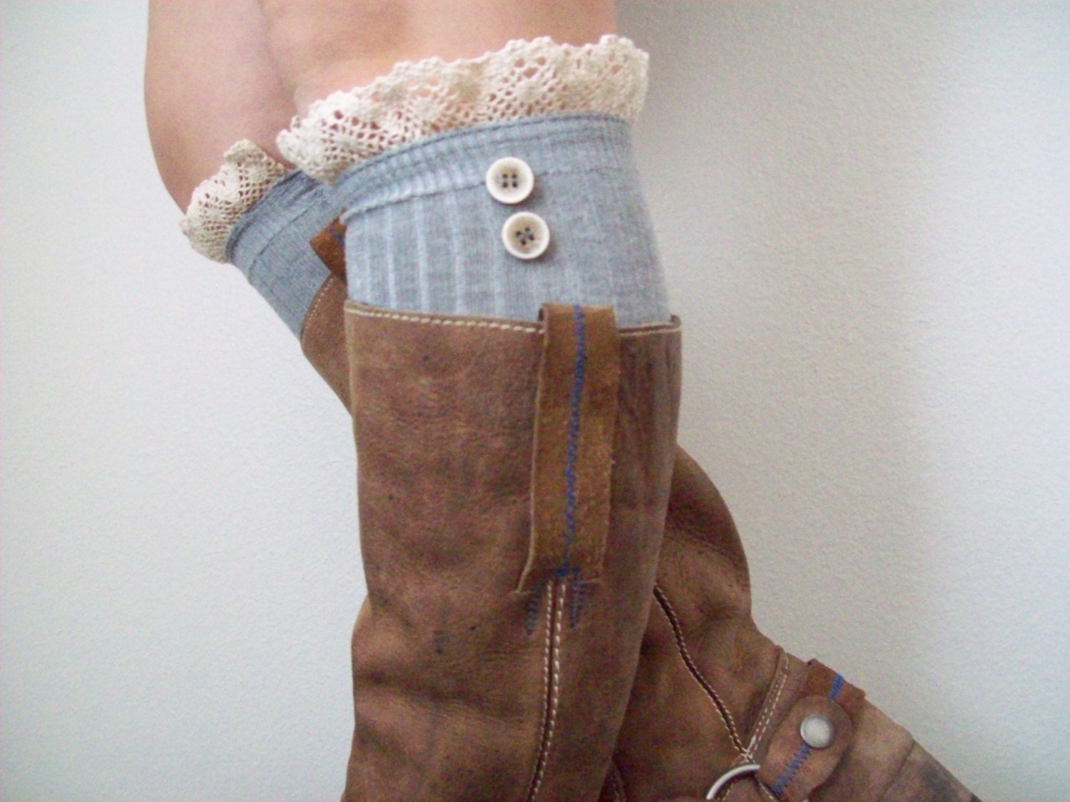Romance Is In The Air Off White Lace and Buttons Frilly Girlie Gray Boot Toppers