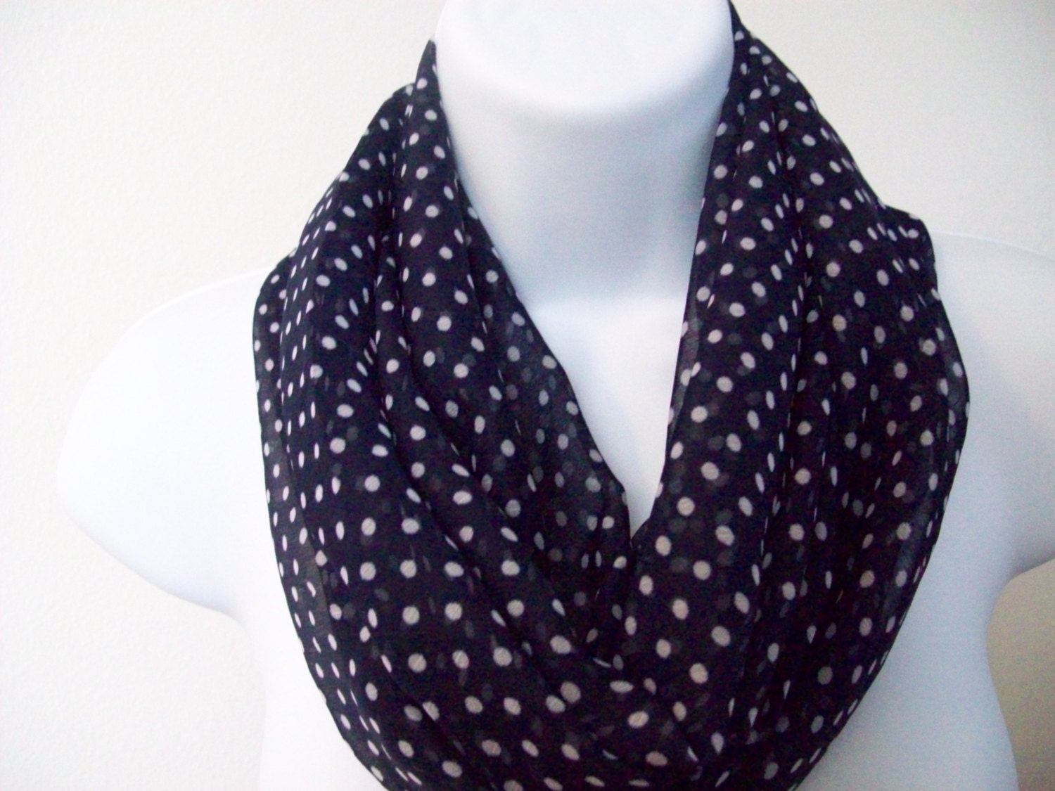 Chiffon Blue and White Polka Dot Infinity Scarf