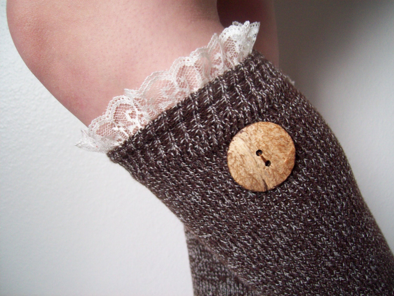 SALE Whimsy Lacey Frilly Girlie Brown With Off White Lace and Buttons Legwarmers Boot Toppers