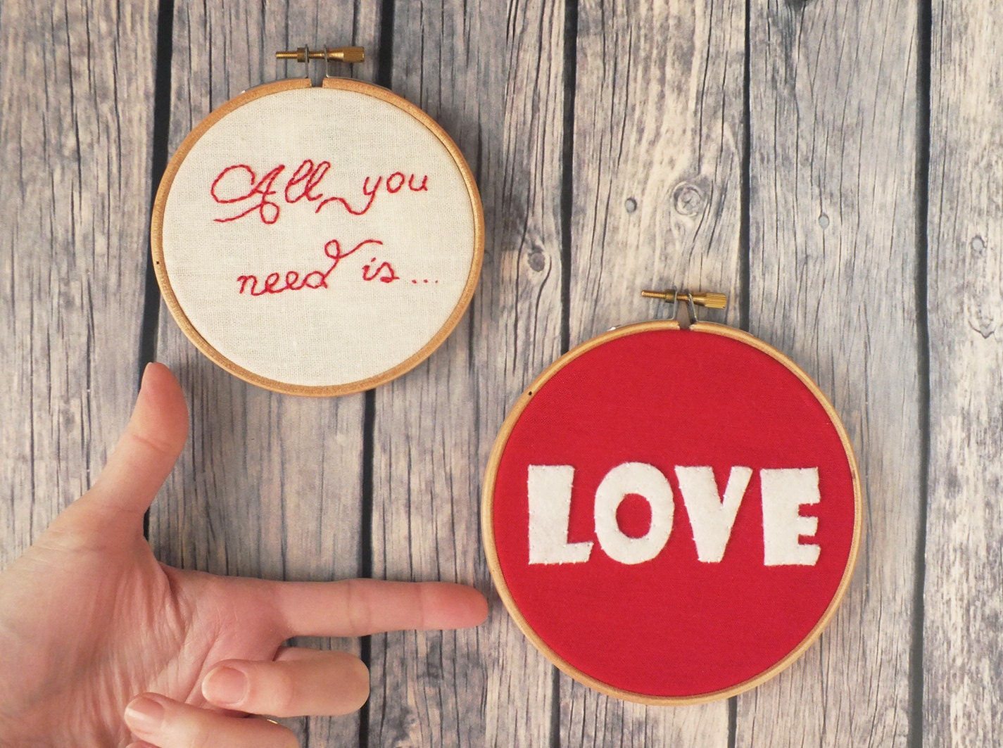 Love embroidery hoop Valentine's day, All you need is love, wall art set of 2 red and cream