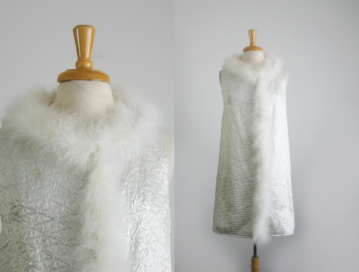 1960s zsa zsa gabor esque silver brocade and feather trim shift dress, size large