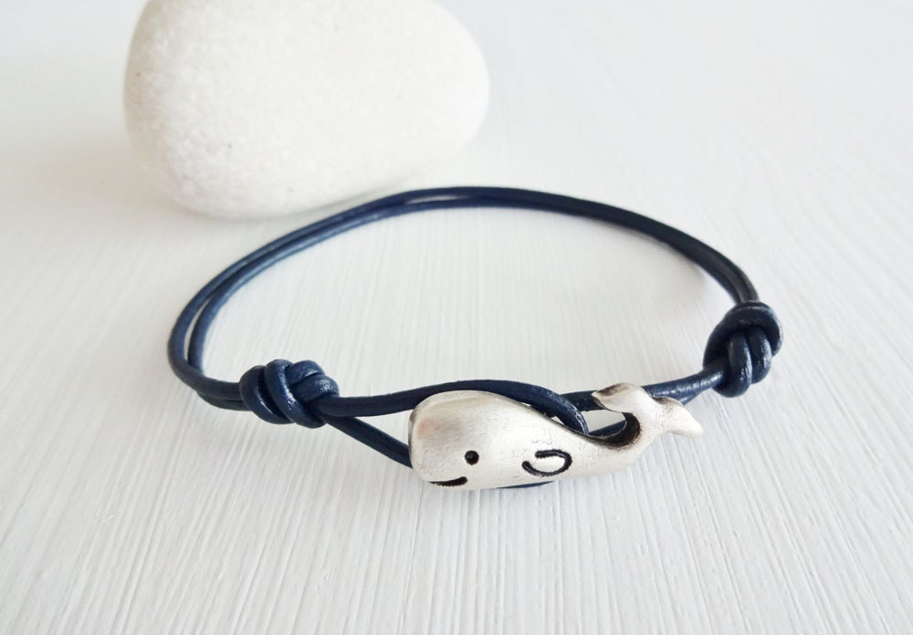 Whale Leather Bracelet - Antique Silver - Genuine Blue Leather Cord - 14 Colors Available