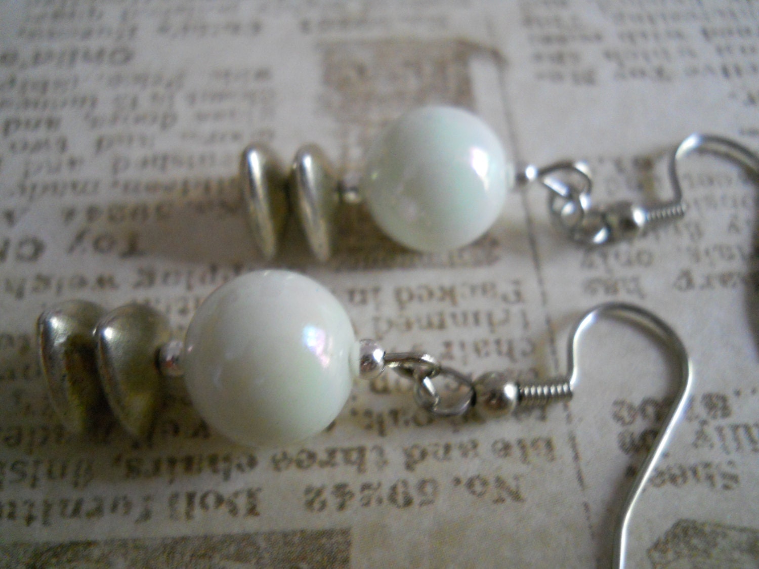 Modern White Earrings, White Glass Earrings, SIlver Triangle Earrings, Geometric White Beaded Jewelry