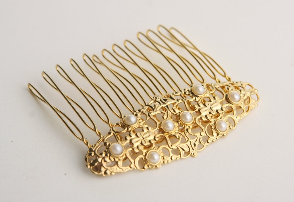 gold hair comb with pearls - bridal hair comb - hair accessorie - wedding hair jewelry - vintage inspired