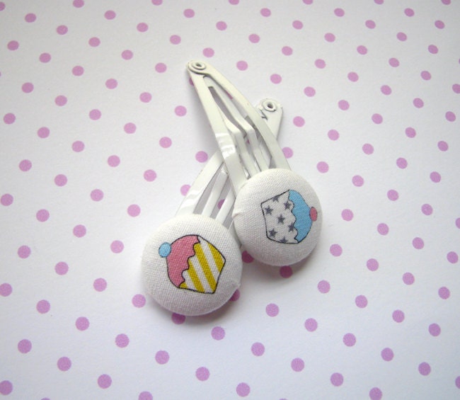 Fabric covered buttons on hair clips for girls and toddlers