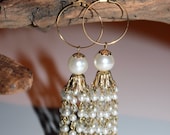 Wedding Boho Dangles Up-cycled Re-purposed Jewelry Golden and Pearl Earrings