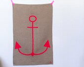 Anchor Tea Towel in neon pink on linen - Linen dishcloth neon pink anchor - LesMiniboux
