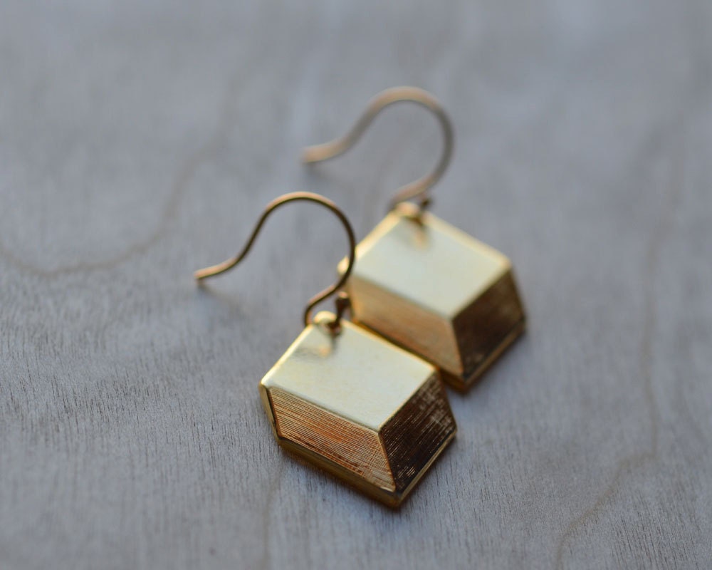 Geometric Earrings Cube Simple Dangle Modern Minimalist Gold Plated Drop Charm Architectural - FigmentandRather