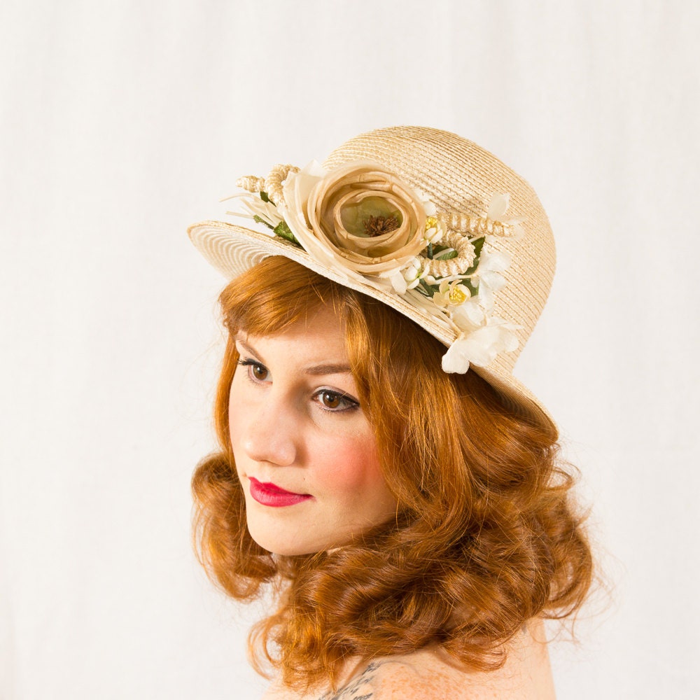 1960s vintage hat / floral straw boater / Emmé