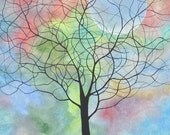 Lonely Blue Moon - Original Acrylic Painting on Stretched Canvas.  Tree, Sky, Colorful