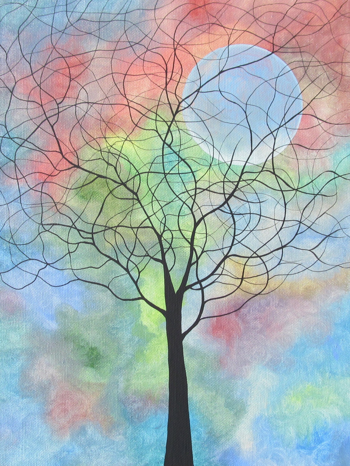 Lonely Blue Moon - Original Acrylic Painting on Stretched Canvas.  Tree, Sky, Colorful