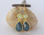 Large Dark Blue Teardrop and Mint Stone Dangle Earrings in Gold.  Jewel Earrings. Drop Earrings. Mint Blue Dangle Earrings.