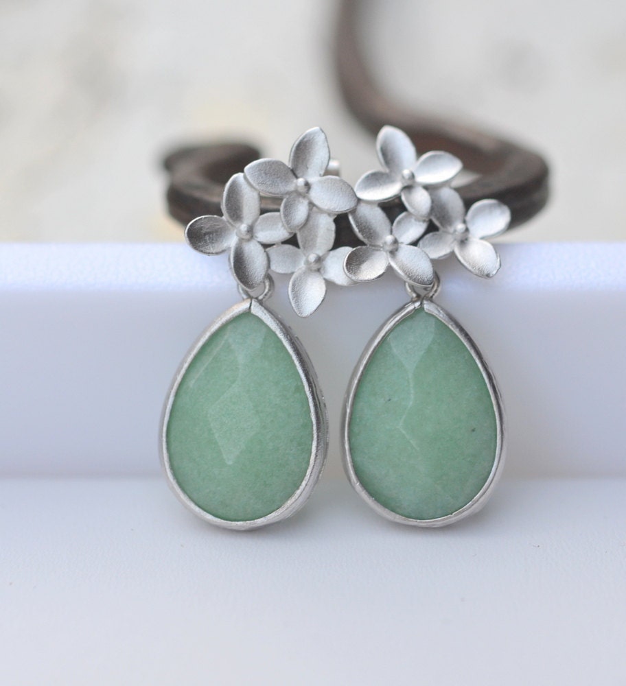 Jade Green Teardrop and Silver Cherry Blossom Flower Post Earrings. Green Bridesmaid Earrings. Drop Earrings. Fashion Earrings.