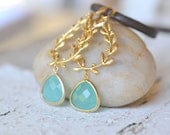 Mint Ice Teardrop and Gold Branch Teardrop Dangle Earrings.  Long Gold Dangle Earrings.  Fashion Jewel Earrings.