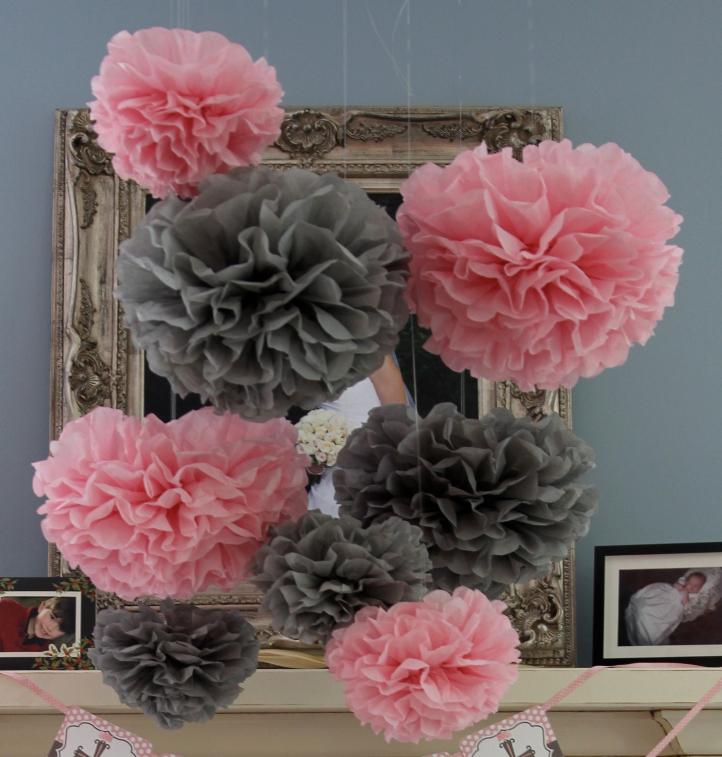 30 Tissue Pom Poms - Your Color Choice- SALE - Pink and Gray Baby shower decorations