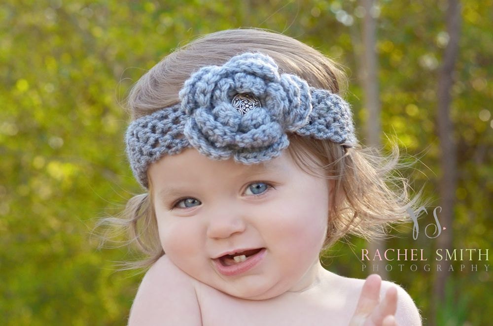 Baby Girl Headband - Springtime - Flower Headband - Toddler - Blue - Crochet Flower - READY TO SHIP