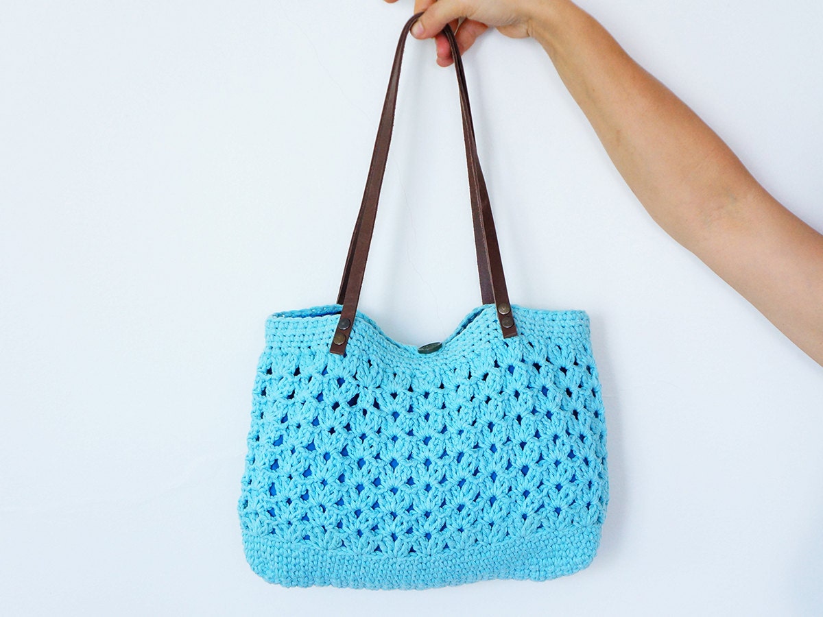 Turquoise Summer Bag - Handbag Celebrity Style With Genuine Leather Straps / Handles shoulder bag-crochet bag-hand made