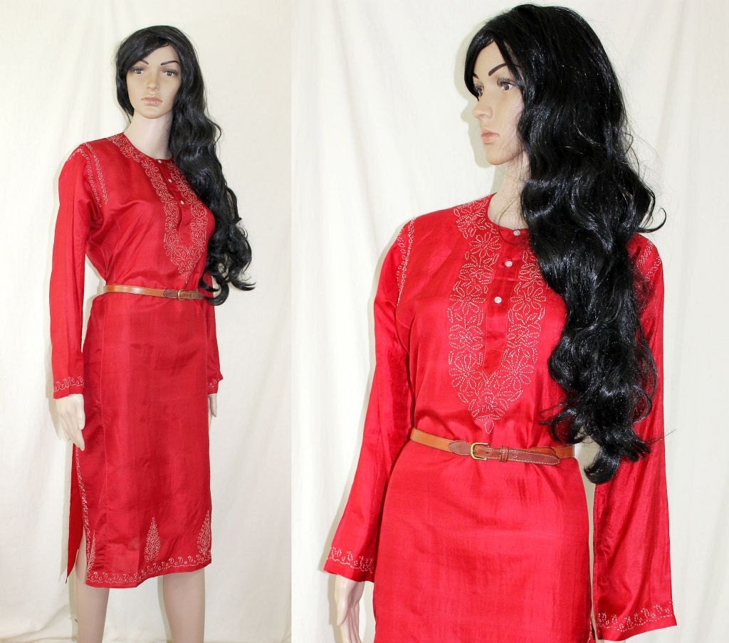 vintage 60s hippie TUNIC DRESS // gypsy red silk & floral embroidery // XS-L c882