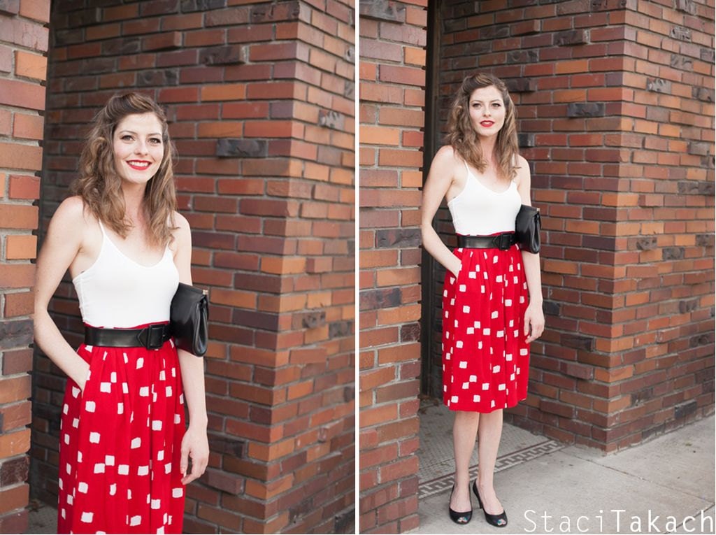 vtg 80s POLKA DOT SKIRT // red & white geometric high waist rockabilly skirt // c702
