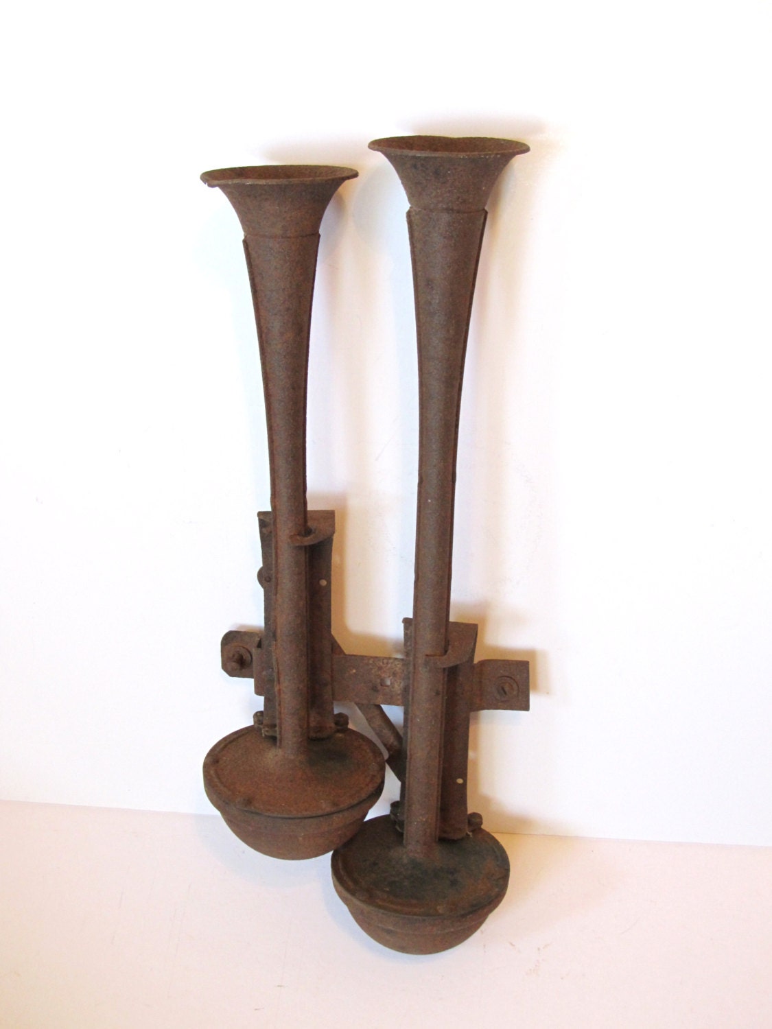 Automobilia As Art:   Large Rusty Double Trumpet Truck Horns