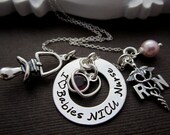 NICU Baby Nurse Charm Necklace, RN Nurse Gifts Jewelry w/ Necklace in Sterling Silver Hand Stamped I love Babies NICU Nurse & Pacifier