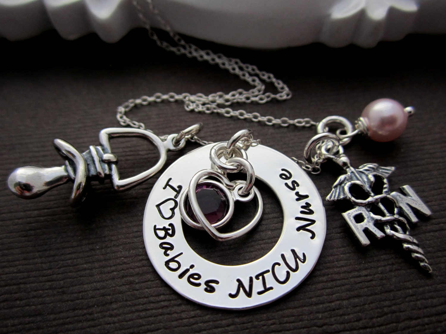 NICU Baby Nurse Charm Necklace, RN Nurse Gifts Jewelry w/ Necklace in Sterling Silver Hand Stamped I love Babies NICU Nurse & Pacifier