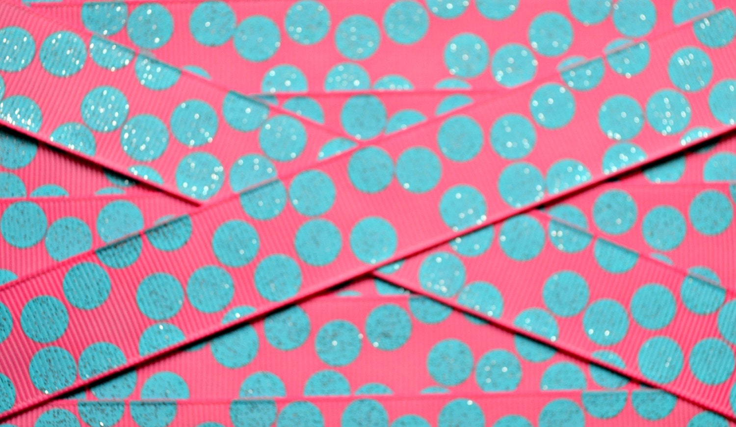 Turquoise blue sparkly silly dots printed on hot pink 7/8"  grosgrain ribbon- Gorgeous in person