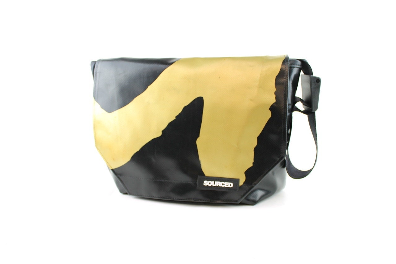 Large Courier Bag, Waterproof Messenger Bag made from Truck Tarp, Seatbelt Strap, Eco Friendly and Handmade, Gold & Black (L17.05)