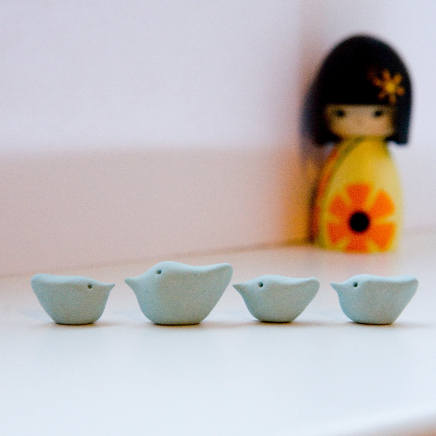 Turquoise chicks tiny little miniature bird sculpture family four ceramic birds