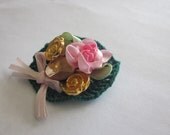 Green Mixed Media Vintage Inspired Oval Pin Brooch, Victorian Style, 14K gold Buttons, Pink Rose and Bow Appliques