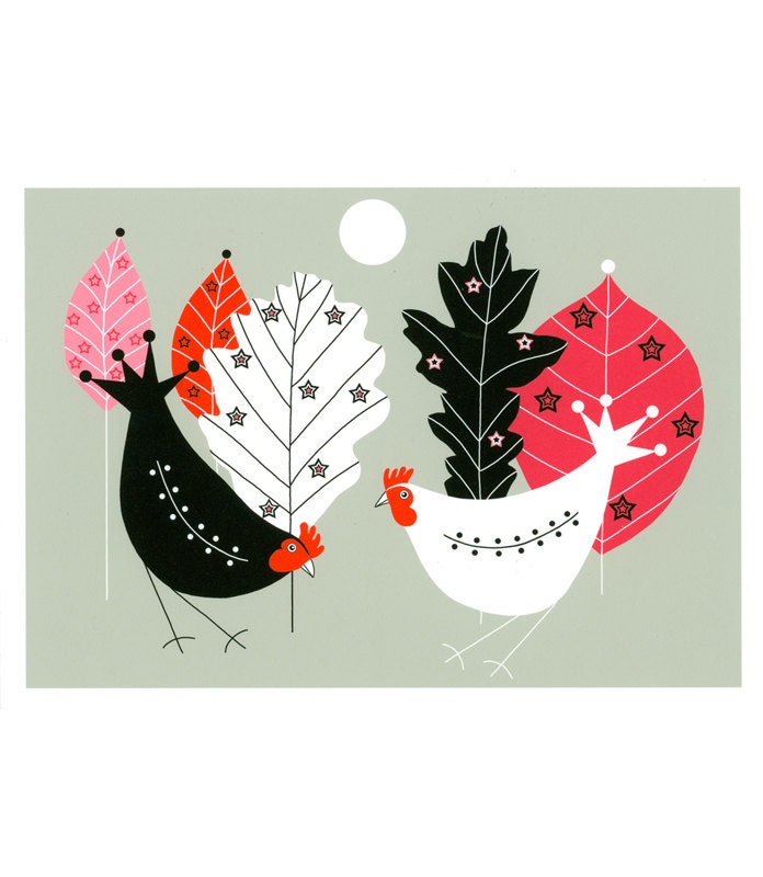 7" x 5"  Small Art Illustration Print Art Stylised Hens Chickens Birds Black White Red Grey Gray Trees Landscape