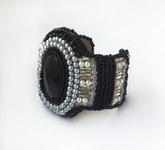 Bead embroidered cuff bracelet, beads embroidery beadwork bracelet, beaded bracelet cuff with glass cabochon,black white, beadwork