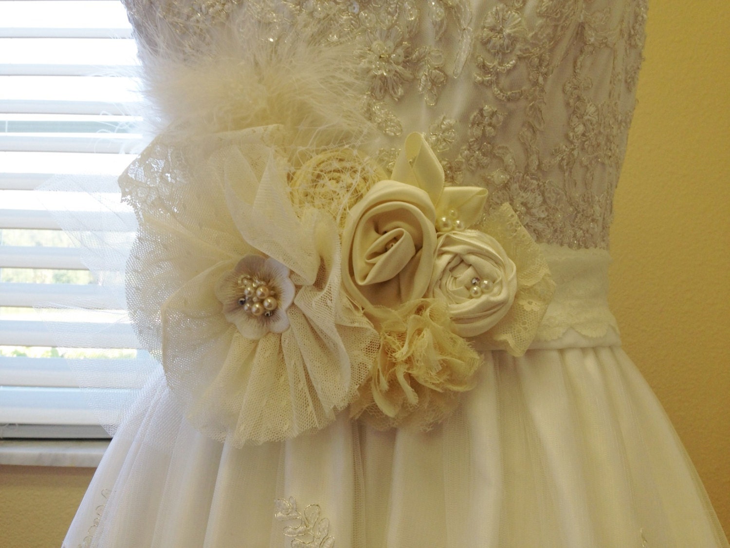 Ivory Cream Rosette Maternity or Bridal Sash Vintage-inspired w/ Handrolled Fabric Rosettes & Feathers