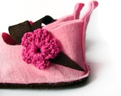 Rose and brown felted Maryjane baby shoes with pink crocheted flower 0-6 months
